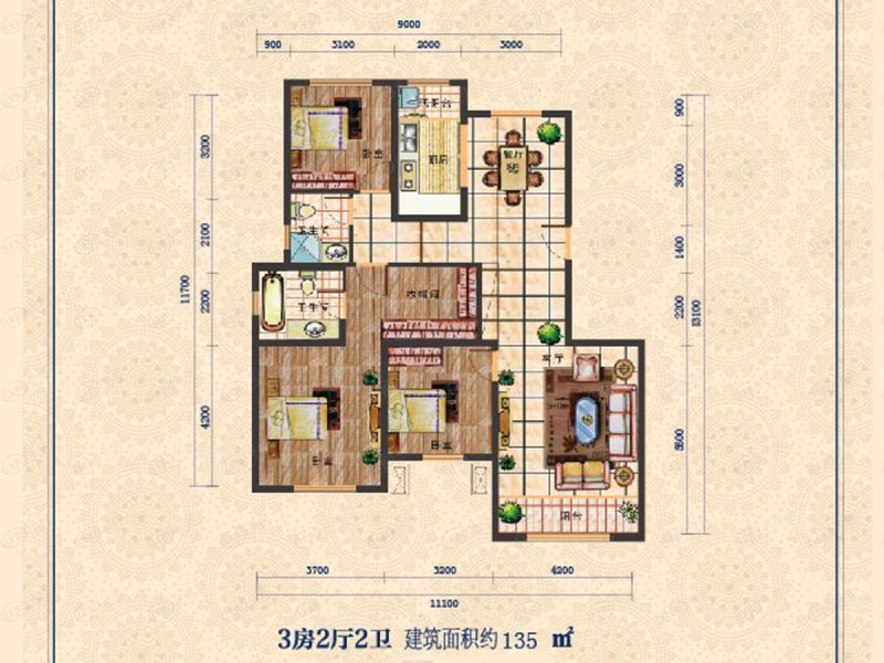 包頭裝修方案中城國(guó)際城三室兩廳兩衛(wèi)135平方米